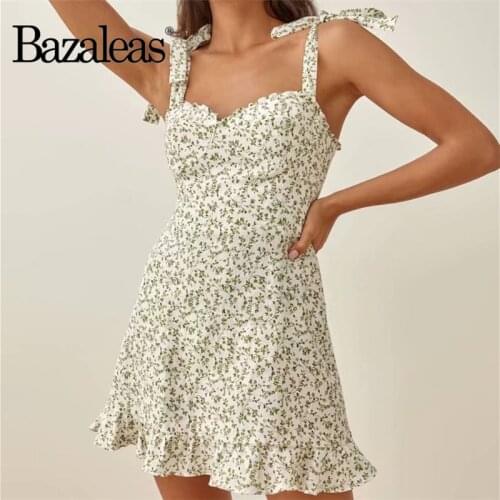 Bazaleas Vintage Adjust Spaghetti Strap Women Mini Dress Chic Green Floral Print Summer Dress Retro Dresses Sexy Vestidos