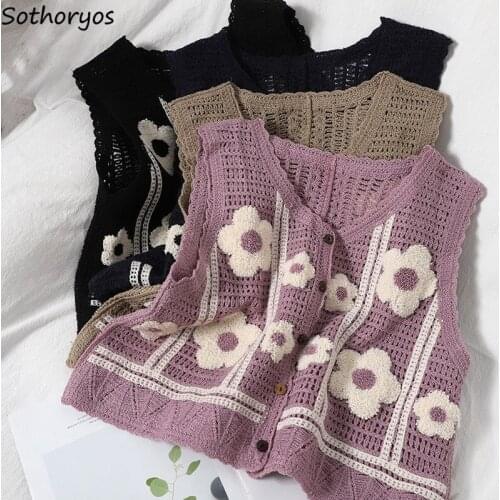 Women Sweater Vests Floral Hollow Out Knitted V-neck Sweet Elegant Single Breasted Vintage Hot Crop Tops Temperament Gentle Cozy