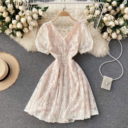 2021 New Summer Women Puff Sleeve Lace Dress Sweet High Waist Button V Neck A Line Dress Female Tie Backless Short Mini Vestidos