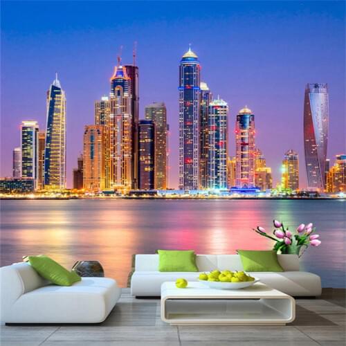 Custom 3D Wall Mural Wallpaper Beautiful Dubai City Night Landscape Photo Wall Paper Living Room Restaurant Cafe Decor 3D Fresco