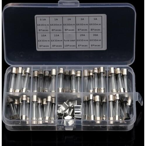 72pcs/box 0.5A/1A/2A/3A/5A/10A/15A/20A/30A Quick Fast-Blow Glass Tube Fuses With Fuse Seat Assorted Kit 250V 30x6mm