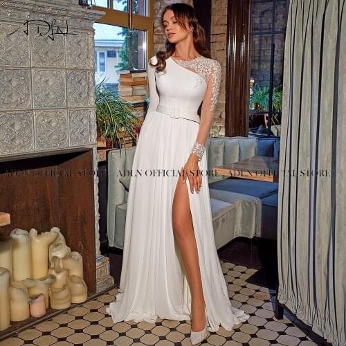 ADLN Jewel Long Sleeves Boho Wedding Dresses High Slit Chiffon Bride Dress Fashion Plus Size Appliqued Beach Bridal Gown