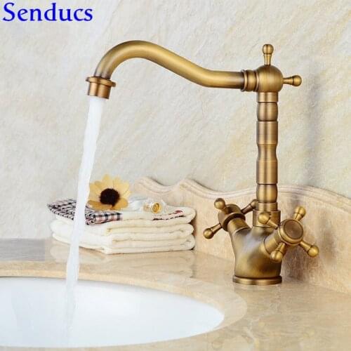 Senducs Antique Bathroom Basin Faucet Dual Handle Single Hole Brass Bathroom Mixer Tap Fashion Hot Cold Antique Bathroom Faucet