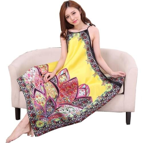 Satin Sleeveless Kerchief-Shape nightgowns lotus Flower Floral Sleeping Skirt Silk Like Womens night dress home clothing