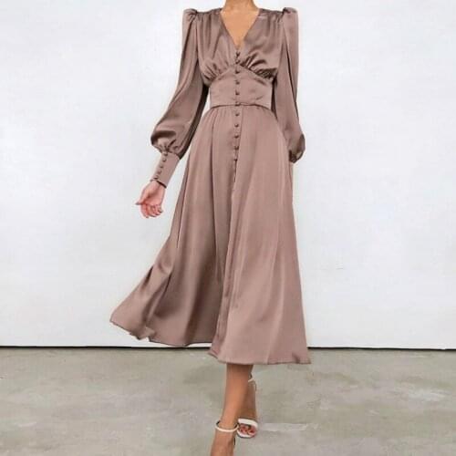 V-Neck OL Satin Dress High Waist Single-breasted Long Lantern Sleeve Faux Silk Dress Slim A-Line Skirt Party Dress Vestidos Nice