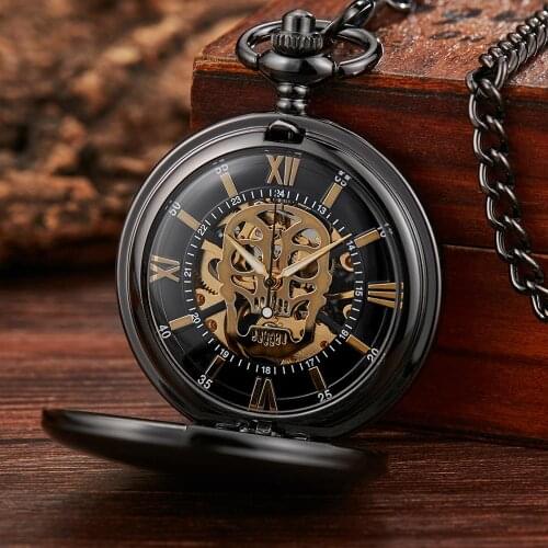 Skull Hollow Mechanical Pocket Watch Steampunk Pendent Chain Gold Skeleton Hand-winding Fob Watch Men Women Xmas Halloween Gifts