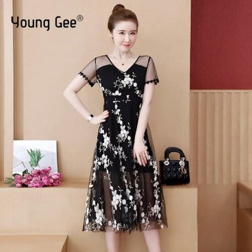 Young Gee Elegant Black Dress Summer Plus Size L-5XL Vestido Mujer Sexy Sheer Short Sleeve Slim A Line Floral Embroidery Dresses