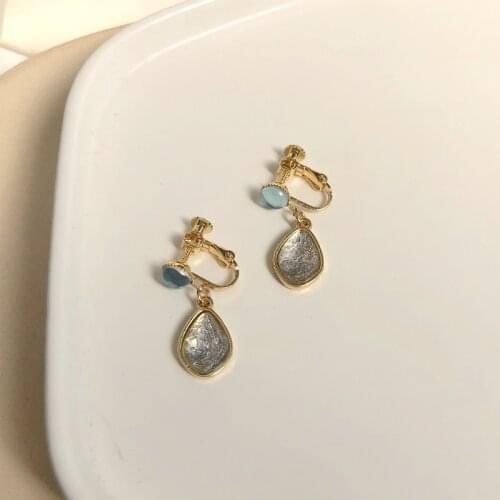 Elegant Korean fashion Simple Style Matt Gray Stone Water Drop Shape Clip On Earrings No Piercing For Women Lady