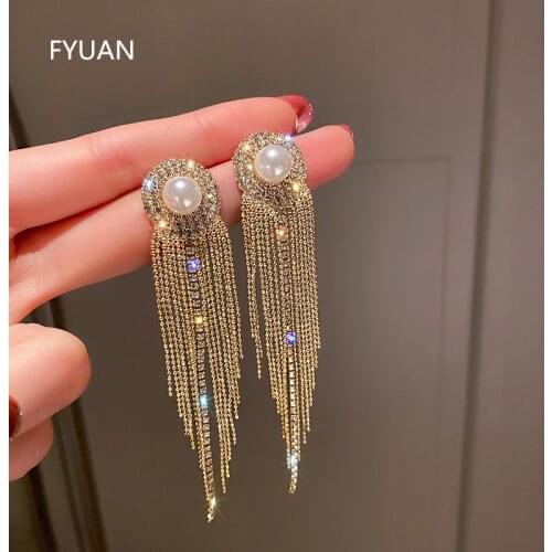 FYUAN Geometric Round Crystal Rhinestone Earrings for Women Bijoux Golden Long Tassel Dangle Earrings Weddings Jewelry