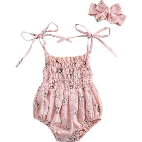 2Pcs Baby Summer Clothing Floral Printed Tied Spaghetti Strap Romper + Bowknot Headband Outfits for Toddler Girls