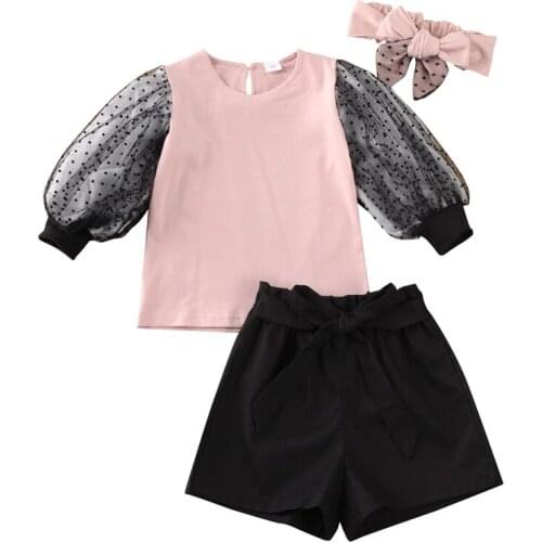 Summer Baby Clothes Girl Puff Sleeve Polka Dot Pink Tops + High Waist Black Shorts +Headdress Childrens Outfits Set Spring