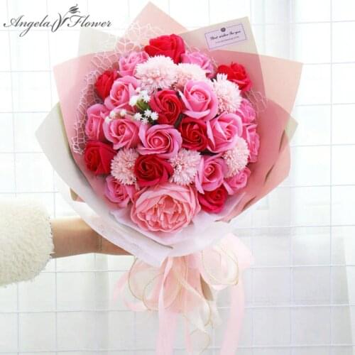 Creative Soap Flower Rose Bouquet Valentines Day Birthday Gift Artificial Babys Breath Flower Wedding Bridal Bouquet Home Deco