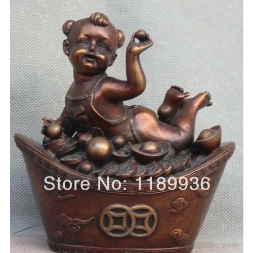 Lucky Chinese Fengshui Bronze Money Yuanbao With Fu Kid Boy Statue Sculpture