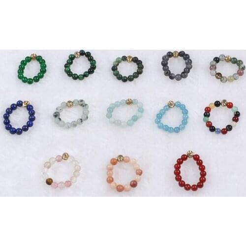 Fashion Retro Style Women Men 4mm Natural Semi-Precious Stone Beaded Ring Personality Elastic Rope Ring Unisex Jewelry