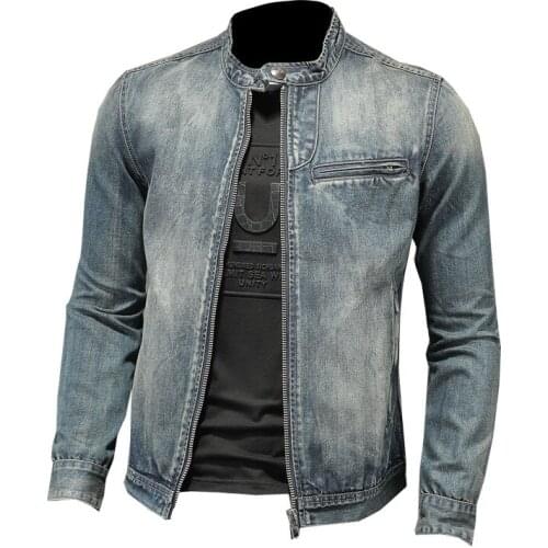 Mens Denim Biker Motorcycle Jacket Stand Collar Vintage Zipper Cowboy Coat Men Casual Cotton Jean Jackets