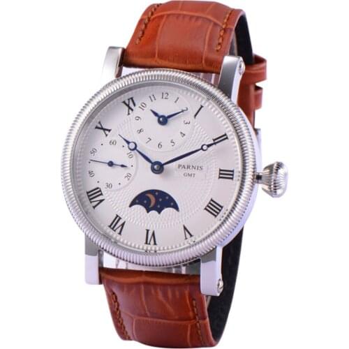 Parnis 42mm GMT hand-winding Mens wristwatch Moon Phase indictor white dial leather strap waterproof 60