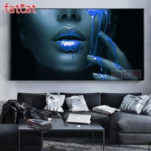 FATCAT Blue sexy lips Large Diy Diamond Painting Mysterious girl Full square round drill 5d Diamond Embroidery Kits AE2891