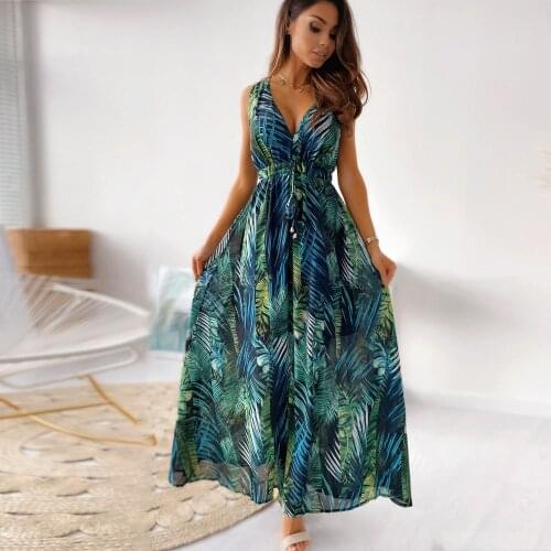 Summer Print Sexy Backless Lace-up Long Dress For Women 2021 Fashion Deep V-neck Maxi Dresses Bohemian Beach Vacation Sundress