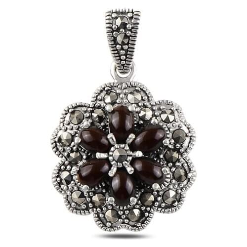 Silver 925 Sterling Red Agate & Marcasite Pendant