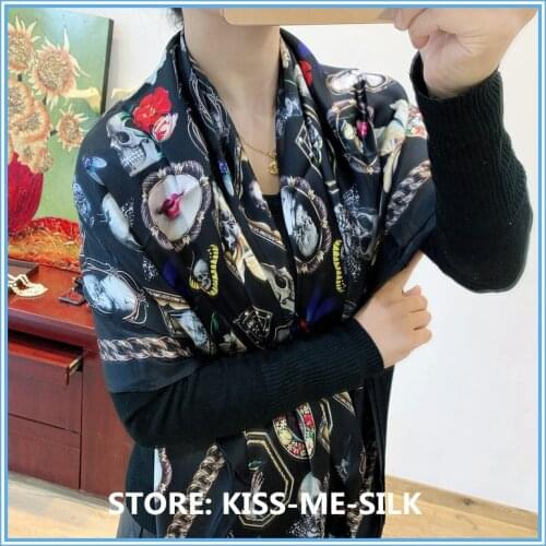 KMS European medieval vintage oil painting silk scarf black atmospheric skull silk scarf plain crepe satin shawl 140*140CM/115G