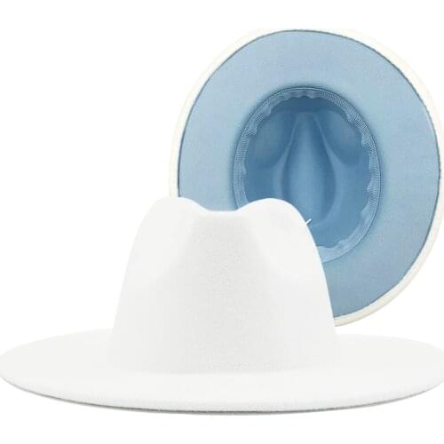 Simple Outer white Inner Sky blue Wool Felt Jazz Fedora Hats with Thin Belt Buckle Men Women Wide Brim Panama Trilby Cap 56-60CM