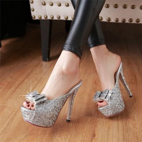 YMECHIC Sequined Butterfly-knot Extreme High Heels Wedding Party White Gold Silver Bride Shoes Summer Platform Slides Slippers