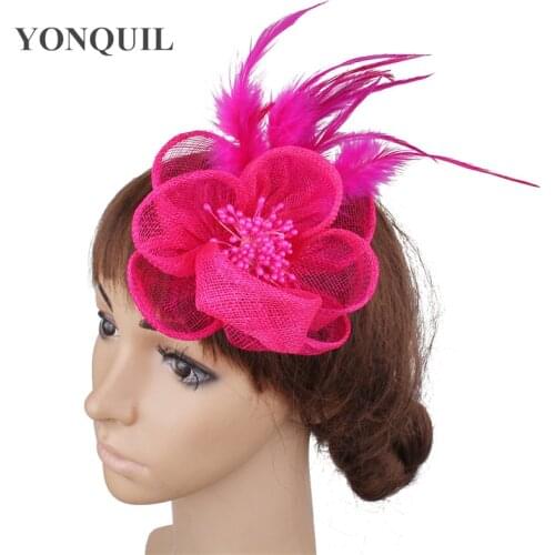 Hot Pink Flower Sinamay Headwear Ladies Hair Fascinators Accessories Hair Pin With Fancy Feathers Headdress For Elegant Ladies