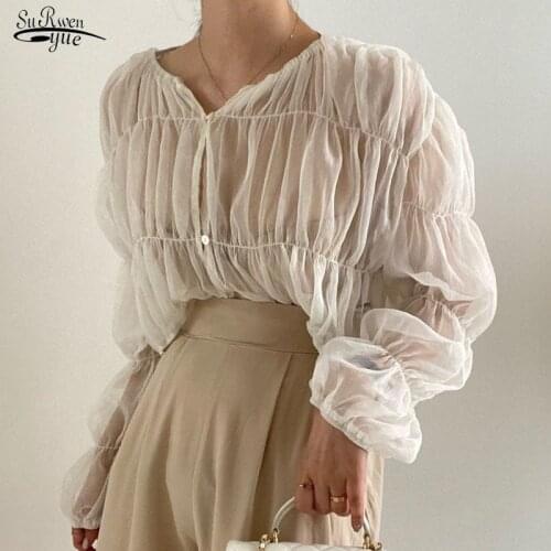 Autumn New Loose Folds Perspective Chiffon Shirt Korean Fashion Pleated Casual Blouse Women Long Sleeve Tops Blusas Mujer 15624