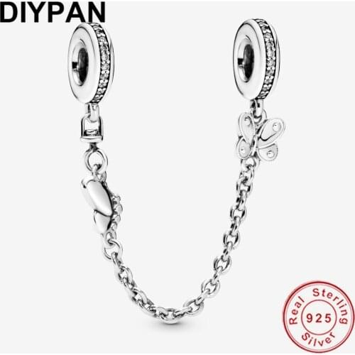 Fit Original Pandora Bracelet Charm 925 Sterling Silver Butterfly Safety Chain Charm Bangle Beads Women Jewelry Berloque