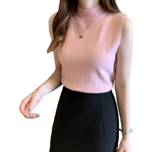 2021 Summer Vest Fashion Half High Neck Sleeveless Knit Sweater New Style Ladies Slim Thin Lined Tops Pure Color Short T-Shirt