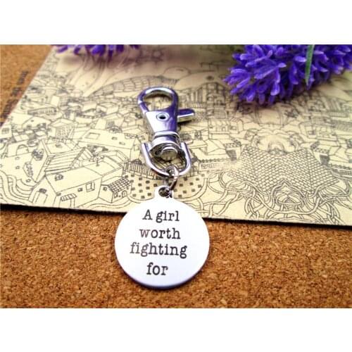 3pcs/lot high quality keychain with 20mm stainless steel circle round "a girl worth fighting for " charms keychain