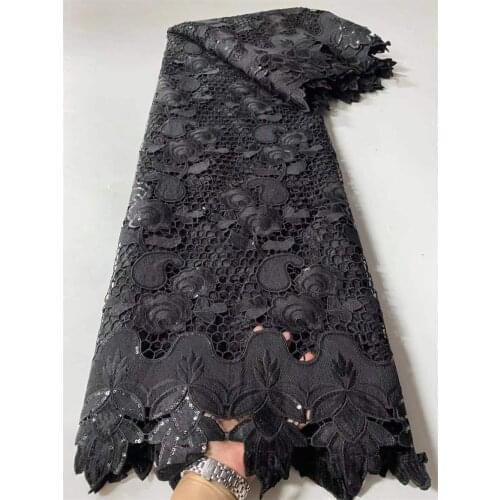 African Guipure Cord Lace Fabric Black Nigerian Net Water Soluble Cord Lace With Sequins For Wedding Party NI5465