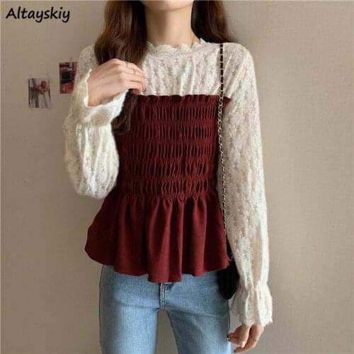 Blouses Women Slim Patchwork Lace Ellegant Design 4 Colors Feminine Vintage Comfortable Ulzzang Fashion Leisure Chic Spring Ins