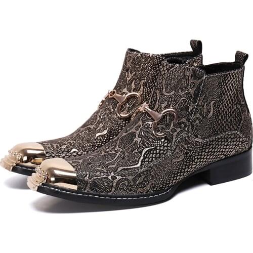 Christia Bella Winter Printing Men Shoes Genuine Leather Boots Fashion Metal Toe Boots Plus Size Ankle Boots Zipper Boots