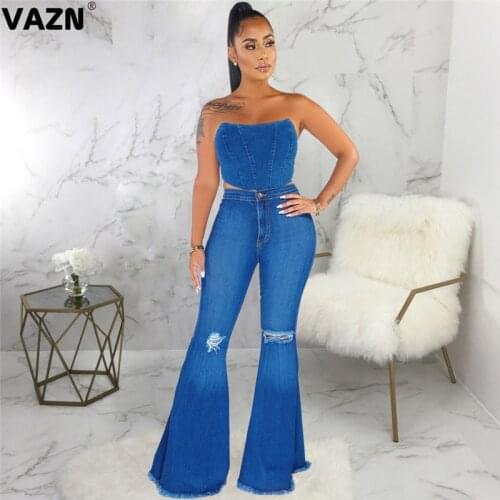 VAZN 2020 Hot Plus Size Elegant High-end Denim Bot Cute Pants Young Sexy Solid Joker Slim Women High Waist Long Denim Pants