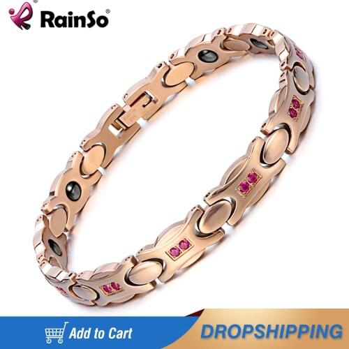 Rainso Fashion Rhinestone Bracelets for Women Hematite Healing Bio Energy Bracelet Femme Rose Gold Stainless Steel Hand Chain