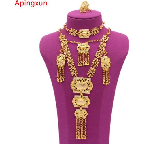 PINXUN Dubai Tassles Jewelry Set Gold Color Necklace&Earring&Bracelet&Ring Set For Women African Ethiopia Bridal Wedding Gifts
