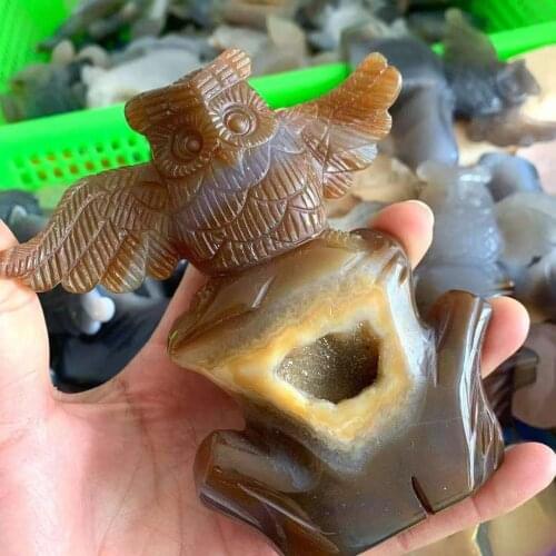 Natural Agate Geode Owl Figurine Hand Carved Quartz Crystal Cluster Owl Healing Crystal Stone Crafts Home Decoration