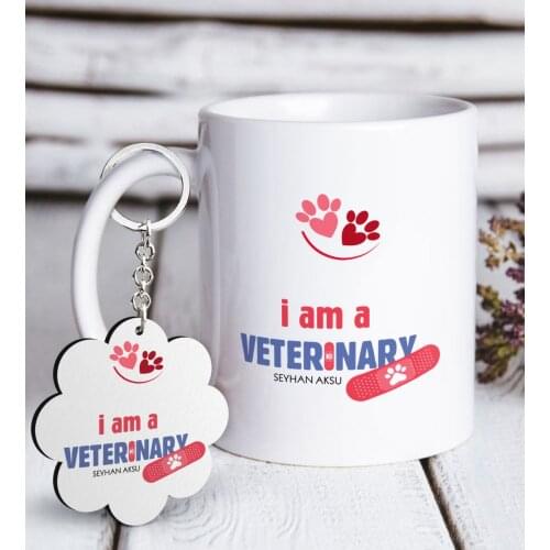 Personalized Professional Veterinarian White Mug and Keychain Gift Set
