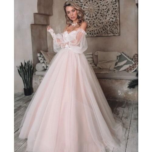 GY Brides Elegant Backless Blush Pink Wedding Dress Women Off Shoulder Lace Appliques A-Line Puff Sleeve Stunning For Women