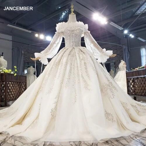 HTL1631 Removable Bubble Long Puff Sleeve Wedding Dress 2020 Strapless Crystal Pearls Ball Gowns With Big Train