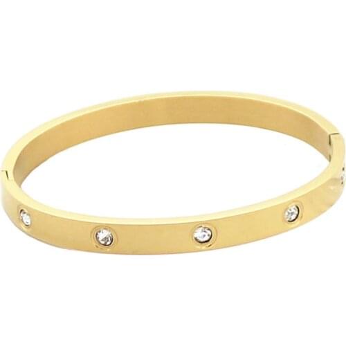 Titanium Steel Plain Yellow Gold Color Jewelry 10 Pave Zircon Blank Bangle Bracelet for Women