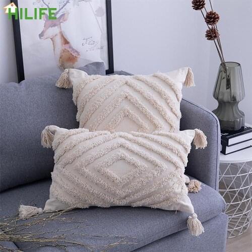 Sofa Living Room Decoration Home Decor Handmade Woven Pillowcase Beige Tassels Cushion Cover Boho Pillowcase With Tassels