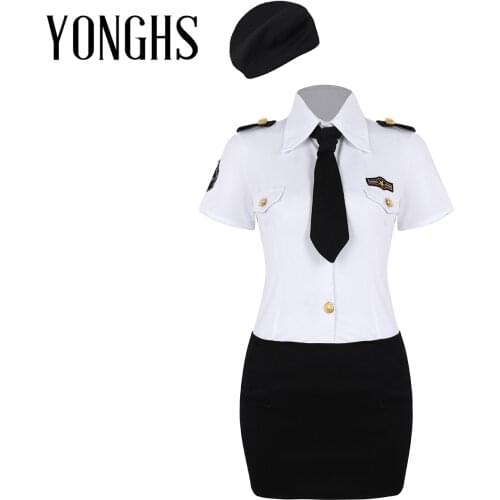 Womens Police Officer Policewoman Uniform Cosplay Role Play Costume Turn-down Collar Shirt with Mini Bodycon Skirt Hat and Tie