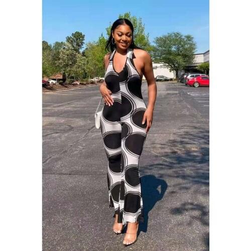 Echoine Black Dot Print Halter Jumpsuit Sexy Backless Party Club Elegant Rompers Flare Pants Wide Leg Overalls Outfits