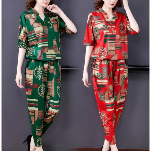 Plus Size 4XL Chiffon Summer Casual 2 Two-piece Womens Loose T-shirt + Harem Pants Two-piece 2021 Fashion Suit Female