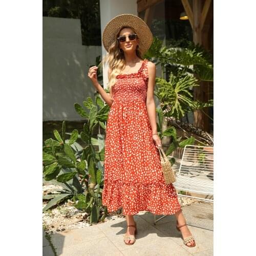 Female Long Dress,One Word Collar Floral Dress,Floral Print Sleeveless Strappy for Summer, White/Yellow/Black/Reddish Orange