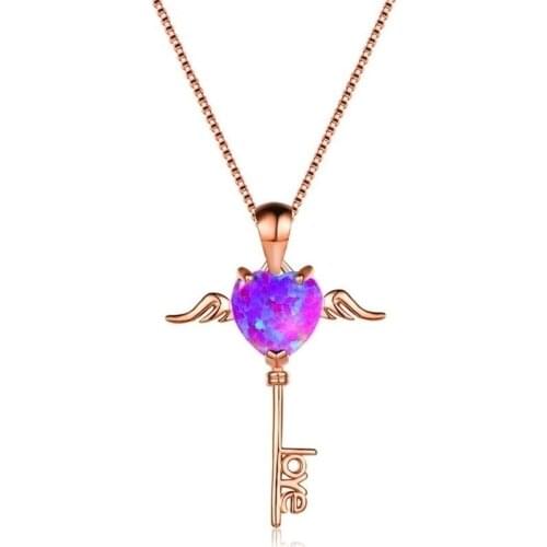 Romantic "Love" Letter Key Pendants Necklaces For Women Fashion Jewelry Blue Imitation Fire Opal Heart Necklace Lover Gift