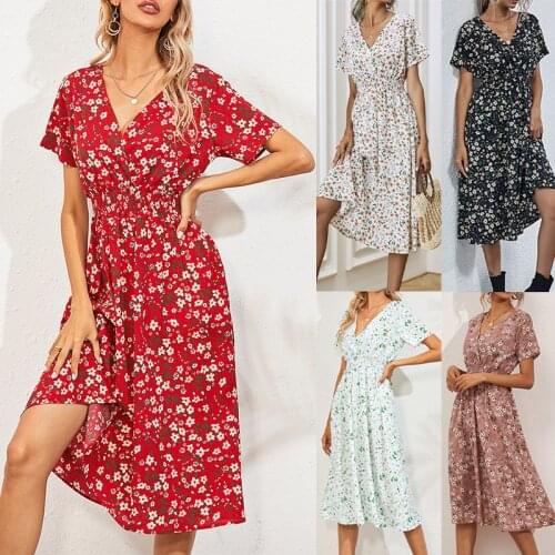 Yellow Vintage Floral Print Women Summer Dress 2021 Casual V-neck Short Sleeve A-line Chiffon Beach Midi Dresses Vestidos