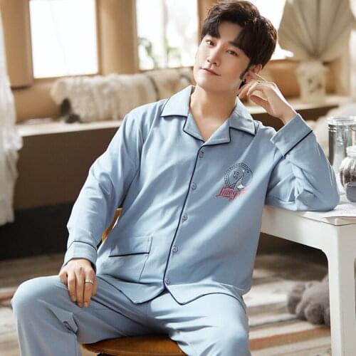 Winter Man Pajamas Set Cotton Lapel Long Sleeve Warm Pajamas Simple Blue Homewear Cute Bird Badge Pajamas Plus Size Sleepwear